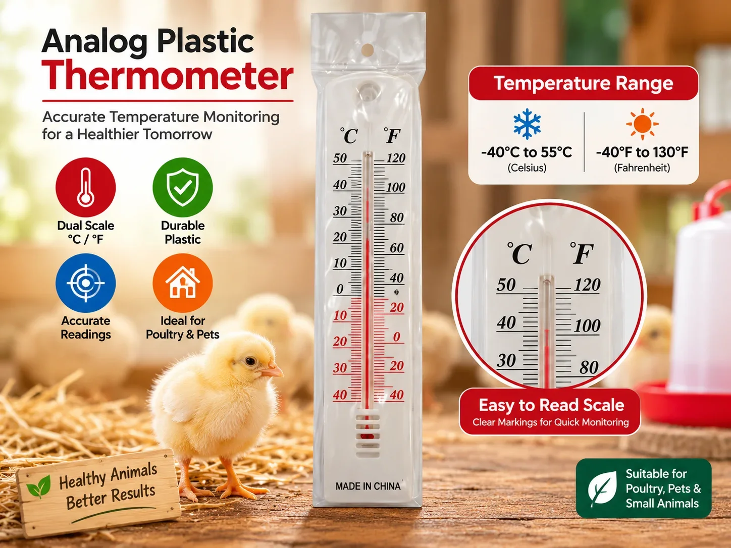 Analog Plastic Thermometer for poultry and incubators